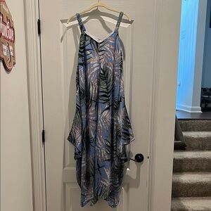 Asymmetrical Blue Tropical Print Dress